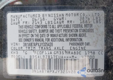 2018 Nissan Sentra S from USA, damaged, VIN 3N1AB7APXJY325428